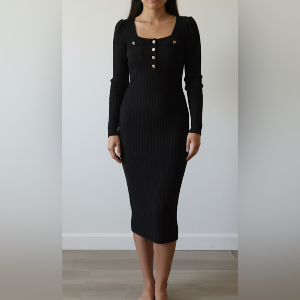 NWT Nanette Lepore Black Ribbed Pearl Button Sweater Dress Large